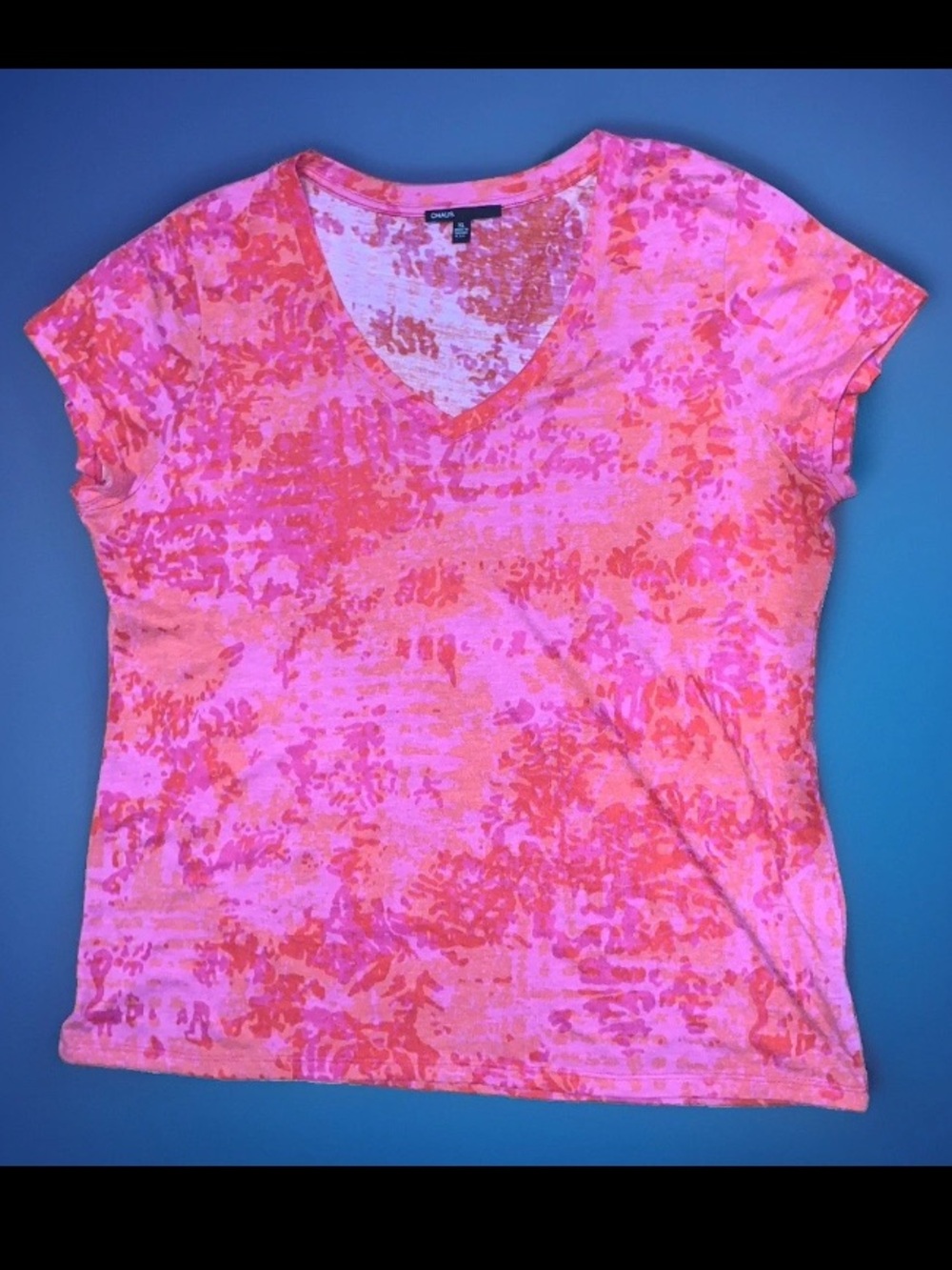 Chaus Pink & Orange Watercolor Burnout V-Neck T Shirt - Size XL